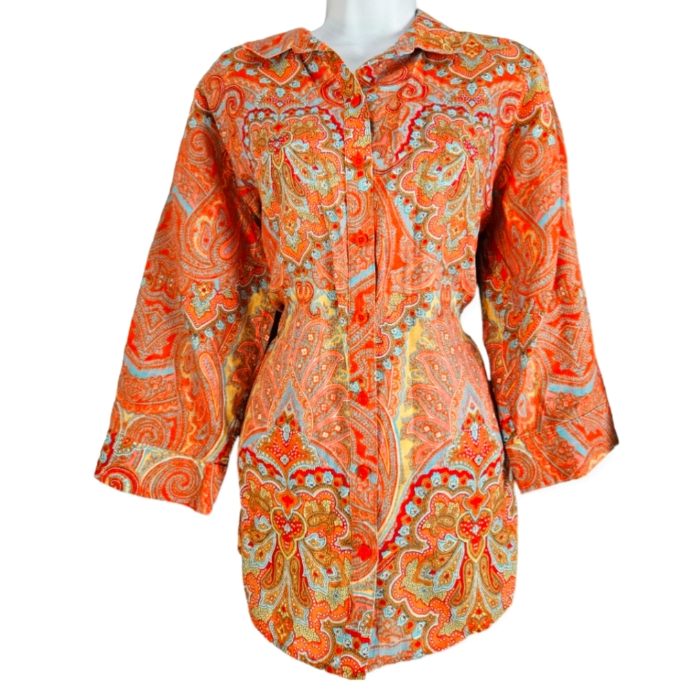 NWOT Chicos orange red pink & blue paisley linen blouse top Womens Medium